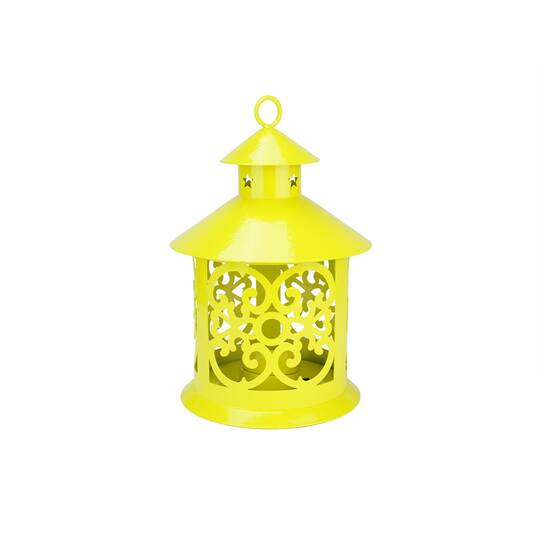 8" Shiny Candle Holder Lantern with Star & Scroll Cutouts